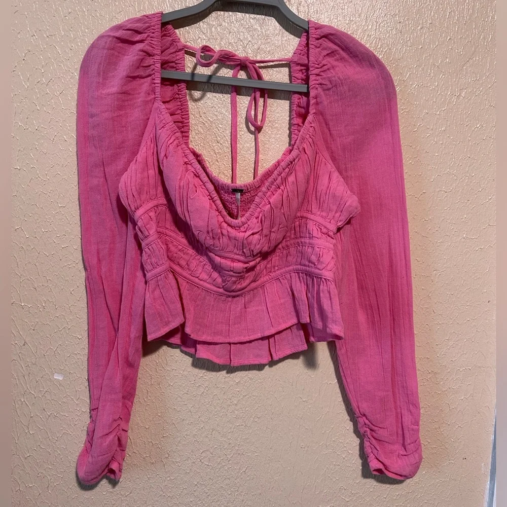 NWT Free People Chloe‎ Top Size Small Ruched Long Sleeve Barbie Pink